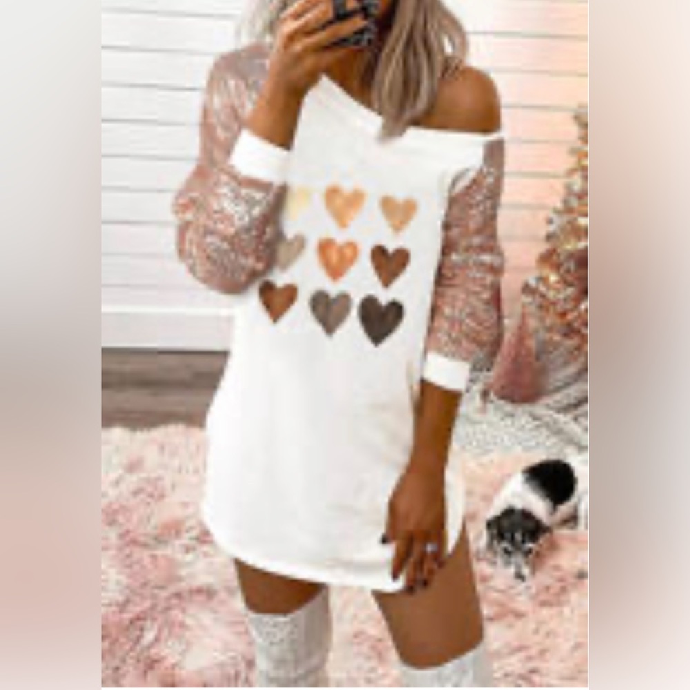 Sequined Love Heart Raglan Sleeve Mini Dress - White